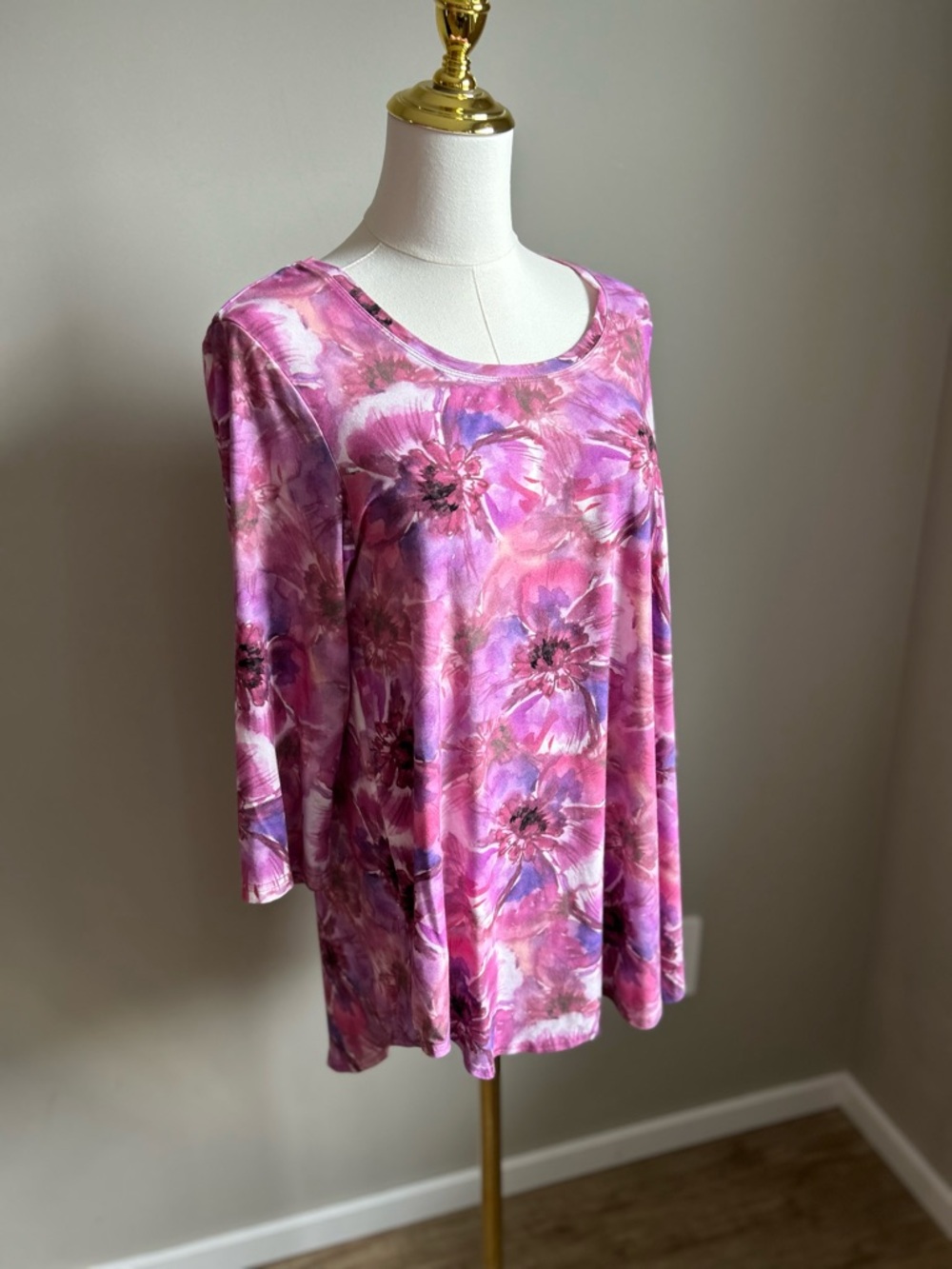 Blue Sky floral watercolor flower Women's Pink purple spring Scoop Neck 3/4 Top